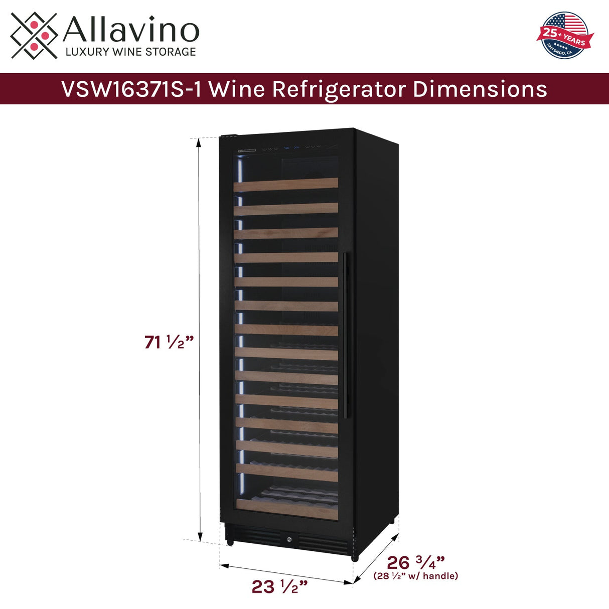 Allavino Reserva Series 163 Bottle 71" Tall Single Zone Left Hinge Black Metal Wine Cooler Refrigerator