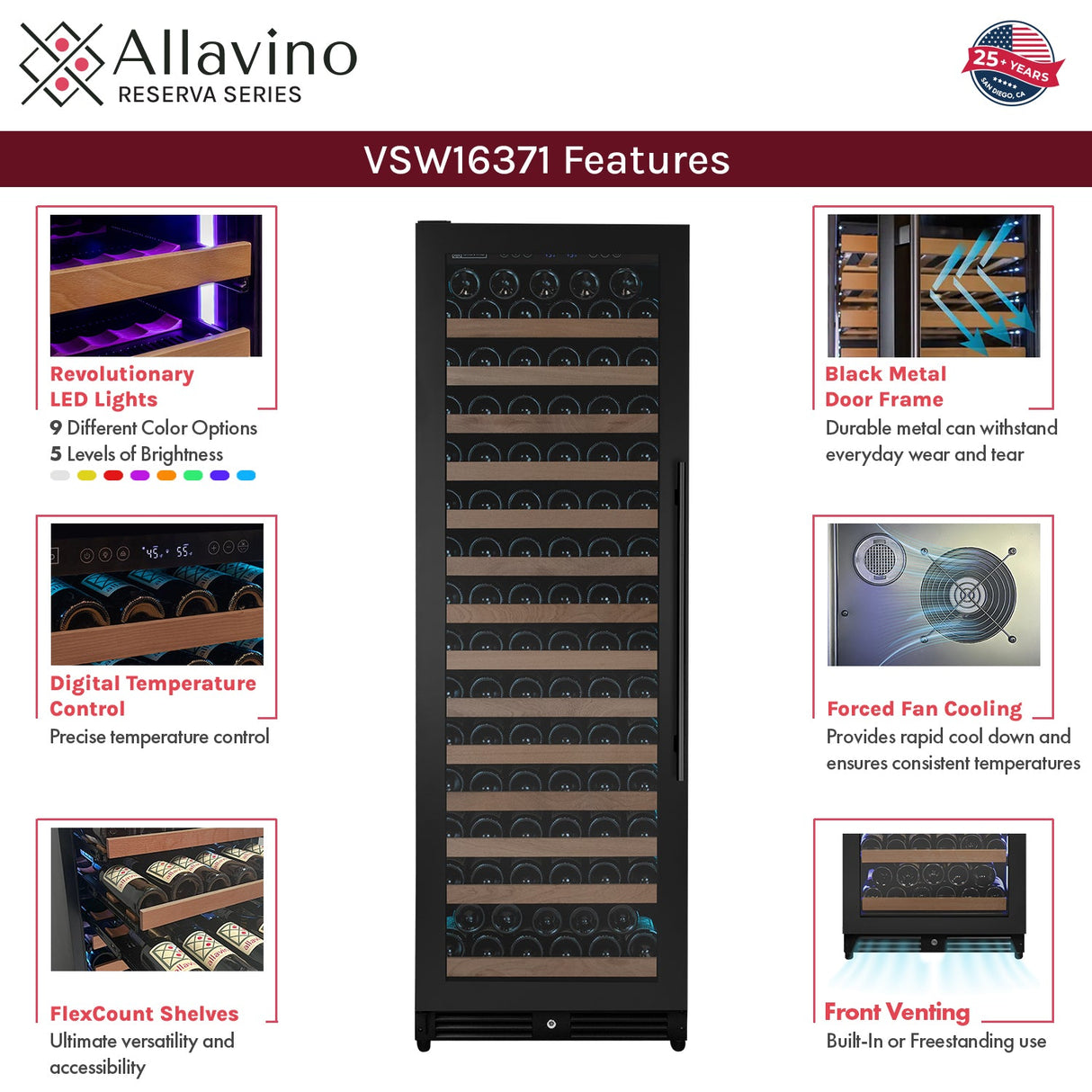 Allavino Reserva Series 163 Bottle 71" Tall Single Zone Left Hinge Black Metal Wine Cooler Refrigerator