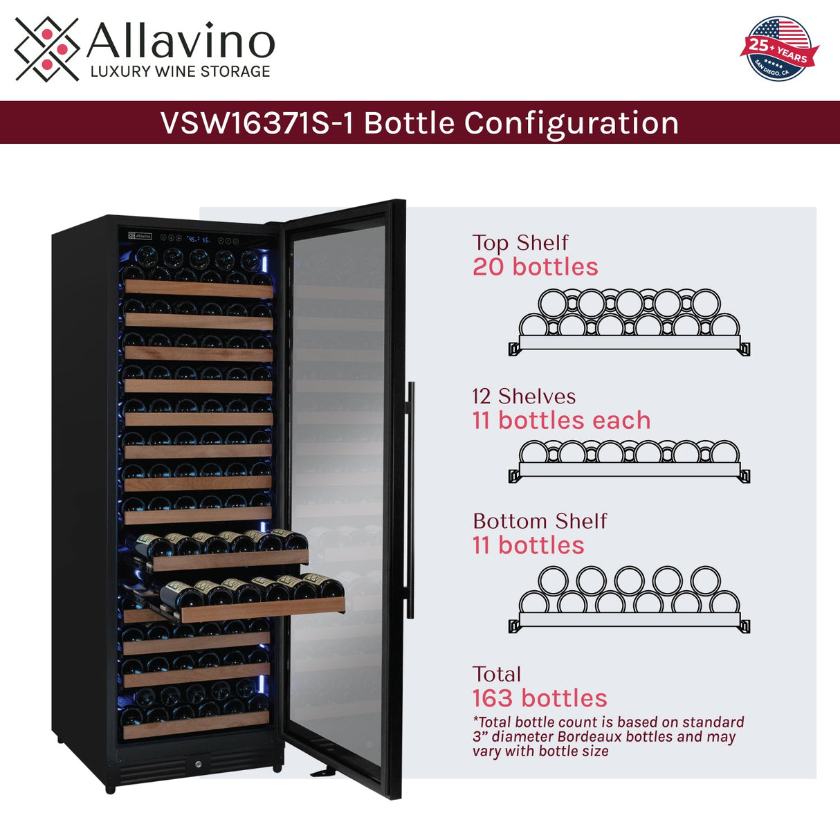 Allavino Reserva Series 163 Bottle 71" Tall Single Zone Right Hinge Black Metal Wine Cooler Refrigerator