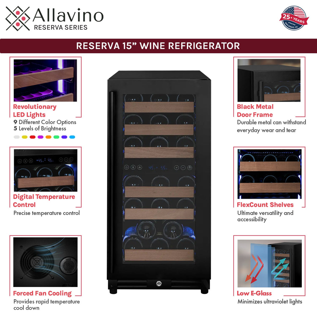 Allavino 15" Wide Reserva Series 30-Bottle Dual Zone Black Right Hinge Wine Refrigerator