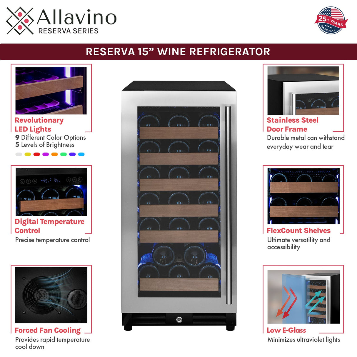 Allavino 15" Wide Reserva Series 30 Bottle Single Zone Stainless Steel Left Hinge Wine Refrigerator AO VSW3015S-1SL