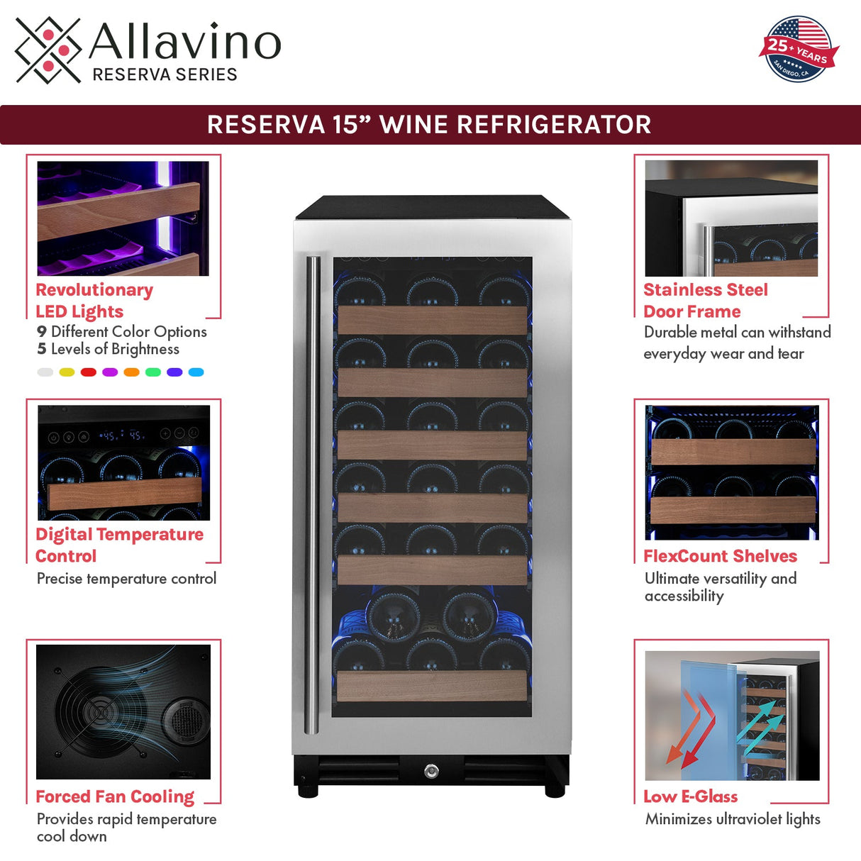 Allavino 15" Wide Reserva Series 30 Bottle Single Zone Stainless Steel Right Hinge Wine Refrigerator