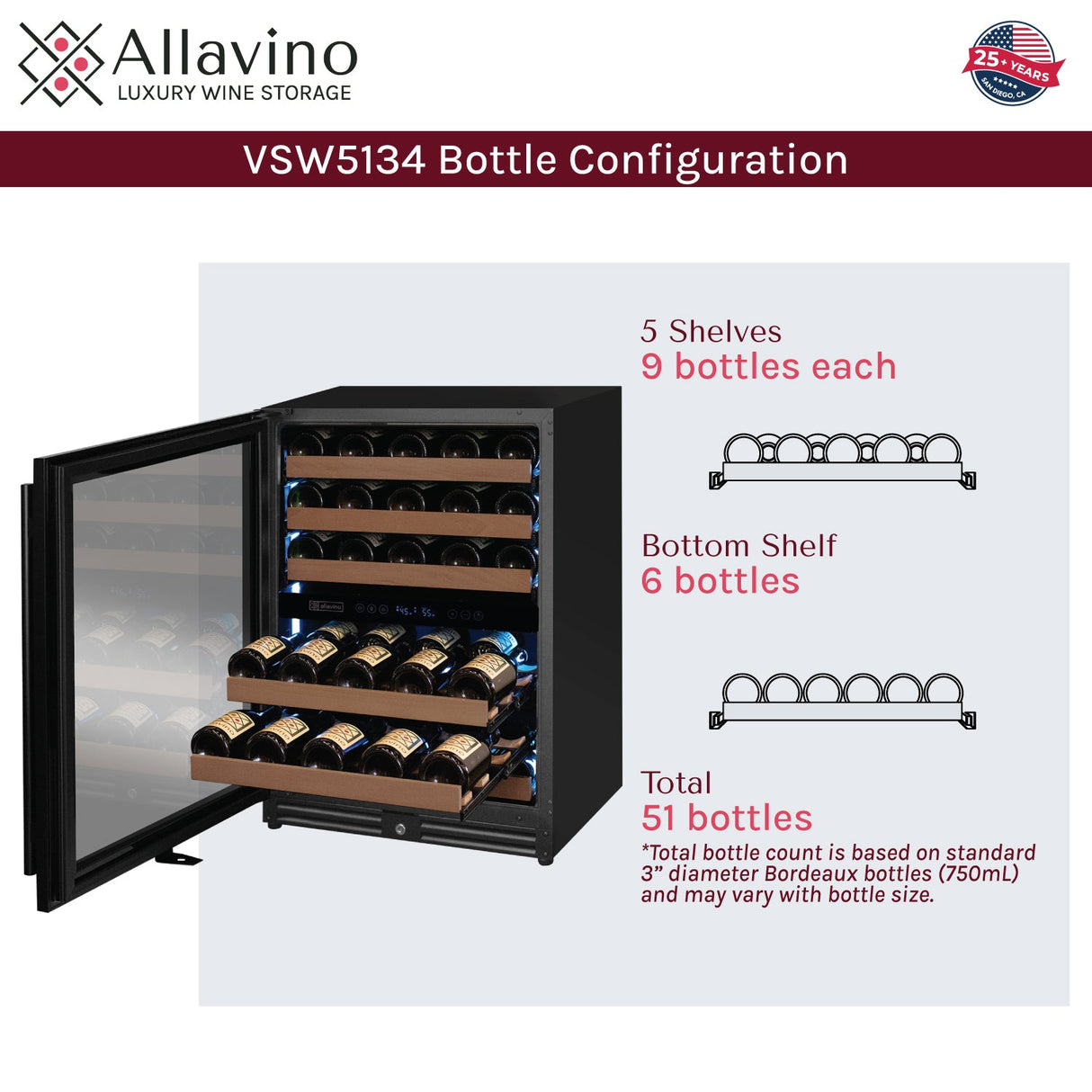 Allavino Reserva Series 51-Bottle Dual Zone Built-In Luxury Wine Refrigerator with Black Door Left Hinge VSW5134D-2BL
