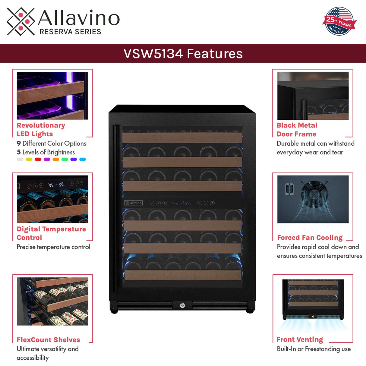 Allavino Reserva Series 51-Bottle Dual Zone Built-In Luxury Wine Refrigerator with Black Door Right Hinge VSW5134D-2BR