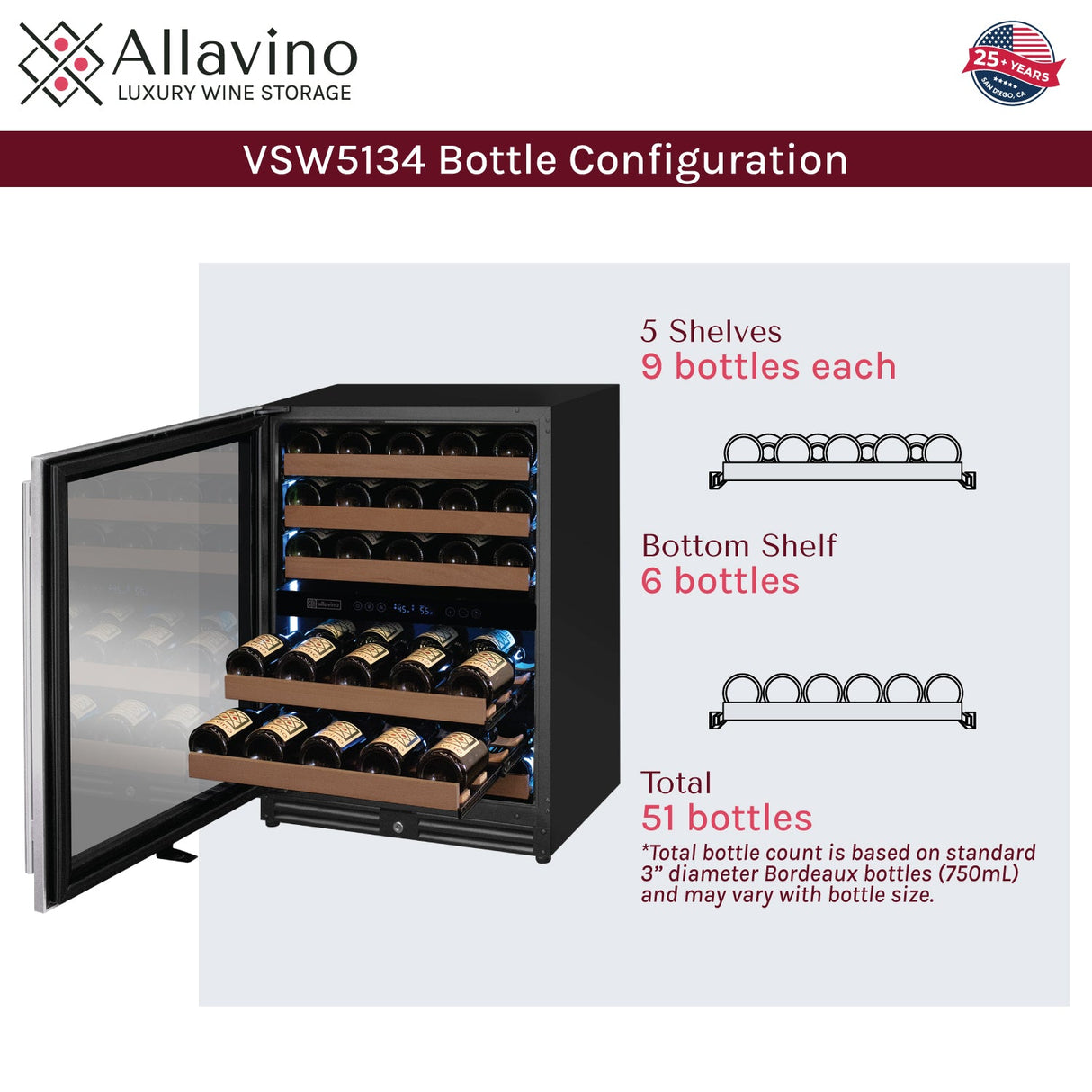 Allavino Reserva Series 51-Bottle Dual Zone Built-In Luxury Wine Refrigerator with Stainless Steel Door Left Hinge VSW5134D-2SL