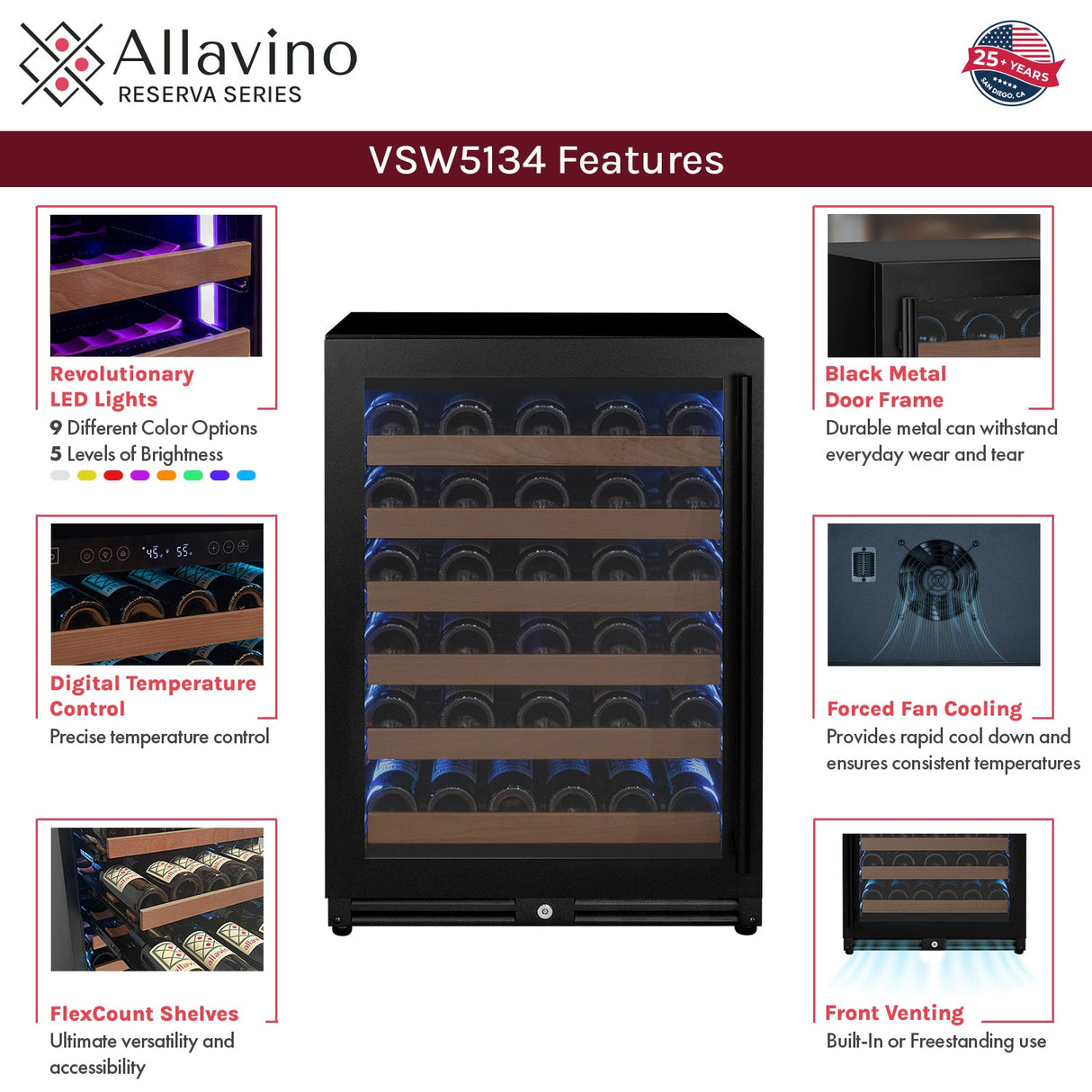 Allavino Reserva Series 51‑Bottle Single Zone Built‑In Luxury Wine Refrigerator with Black Door Left Hinge VSW5134S‑1BL