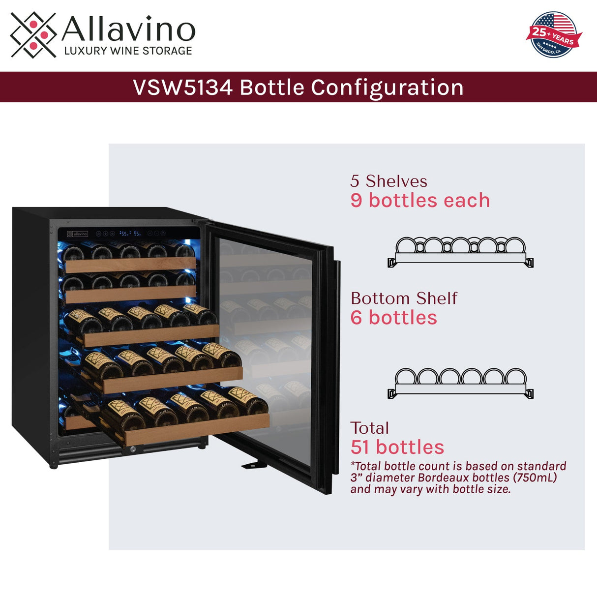 Allavino Reserva Series 51‑Bottle Single Zone Built‑In Luxury Wine Refrigerator with Black Door Right Hinge VSW5134S‑1BR