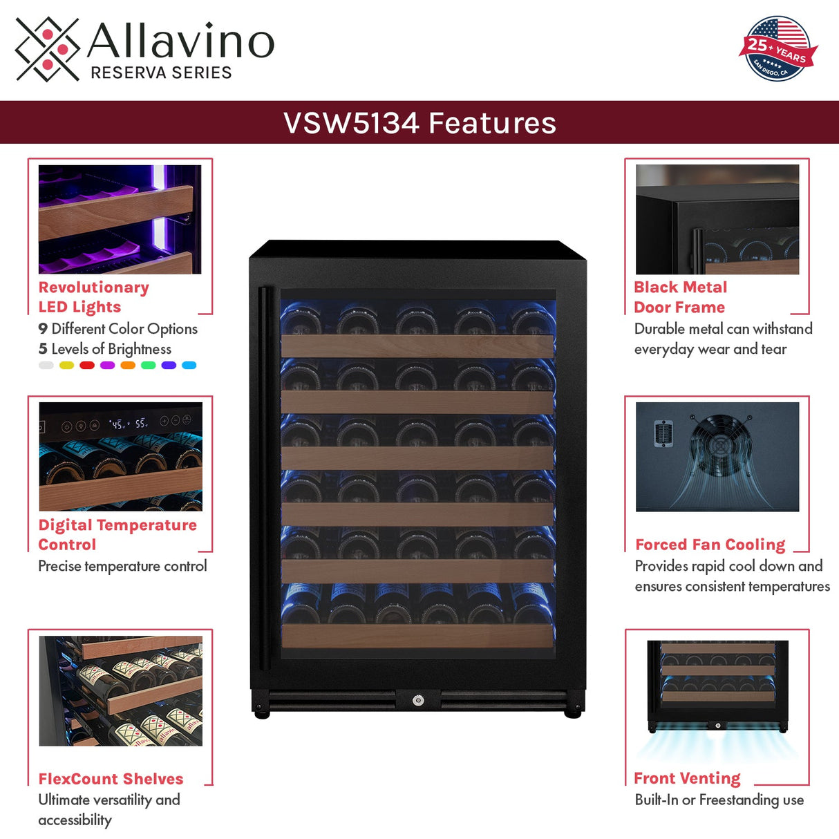 Allavino Reserva Series 51‑Bottle Single Zone Built‑In Luxury Wine Refrigerator with Black Door Right Hinge VSW5134S‑1BR