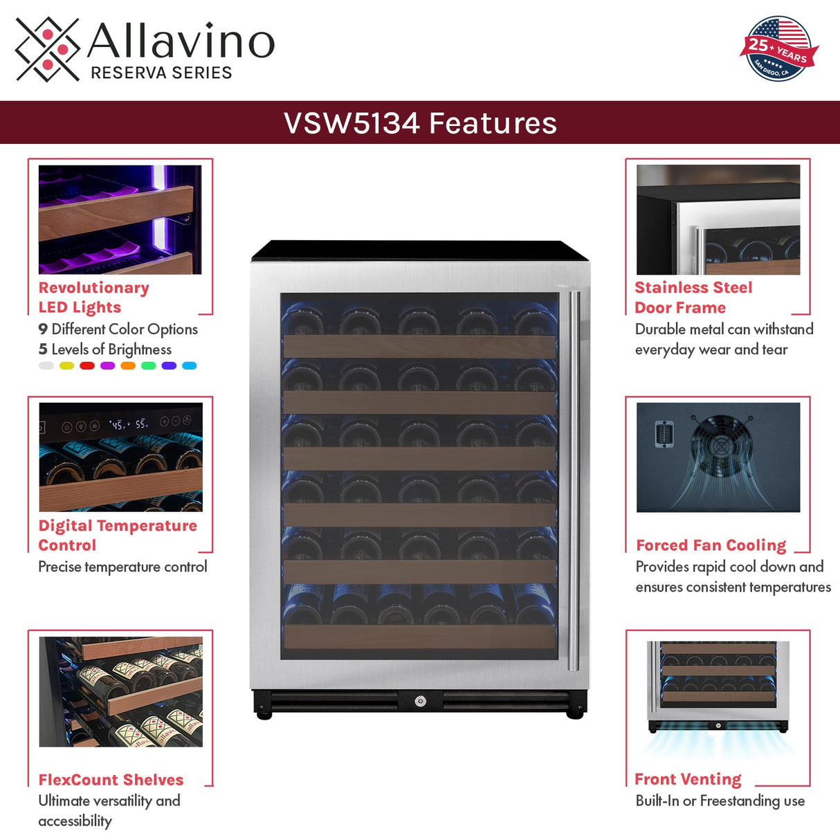 Allavino Reserva Series 51‑Bottle Single Zone Built‑In Luxury Wine Refrigerator with Stainless Steel Door Left Hinge VSW5134S‑1SL
