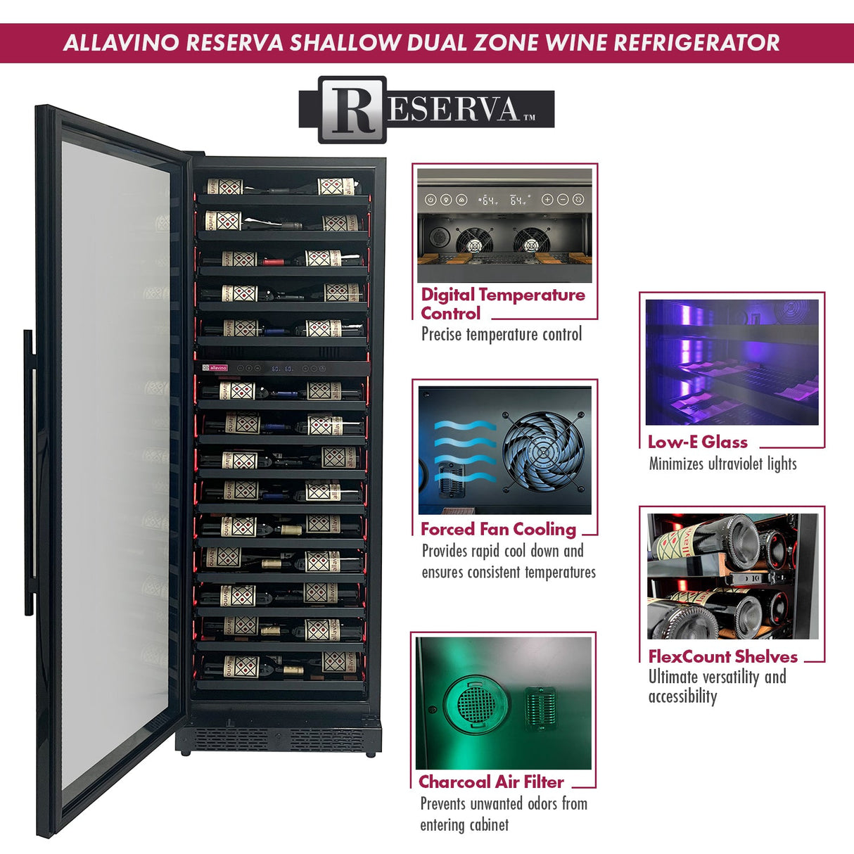 Allavino Reserva Series 67″ 71″ Tall Dual Zone Left Hinge Black Shallow Wine Refrigerator Console