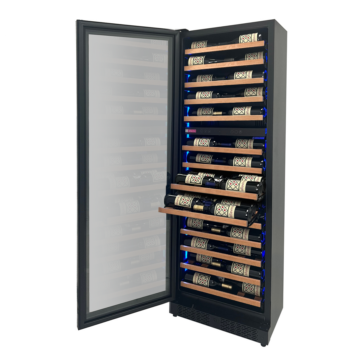 Allavino Reserva Series 67-Bottle 71″ Tall Dual Zone Left Hinge Black Shallow Wine Refrigerator with Wood Front Shelves