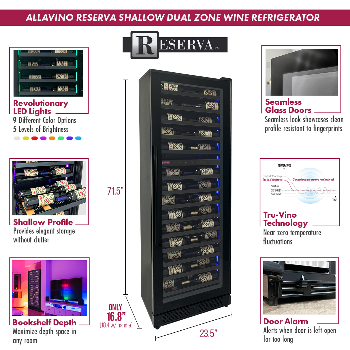 Allavino Reserva Series 67-Bottle 71″ Tall Dual Zone Right Hinge Black Shallow Wine Refrigerator Console