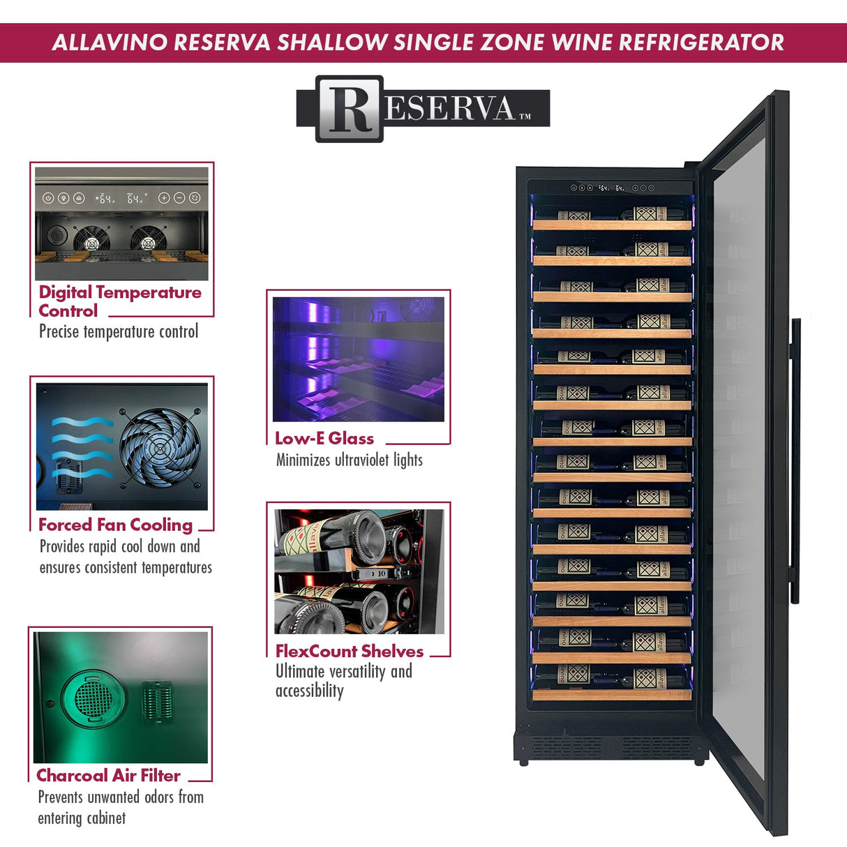 Allavino Reserva Series 67 Bottle 71″ Tall Single Zone Right Hinge Black Shallow Wine Refrigerator with Wood Front Shelves