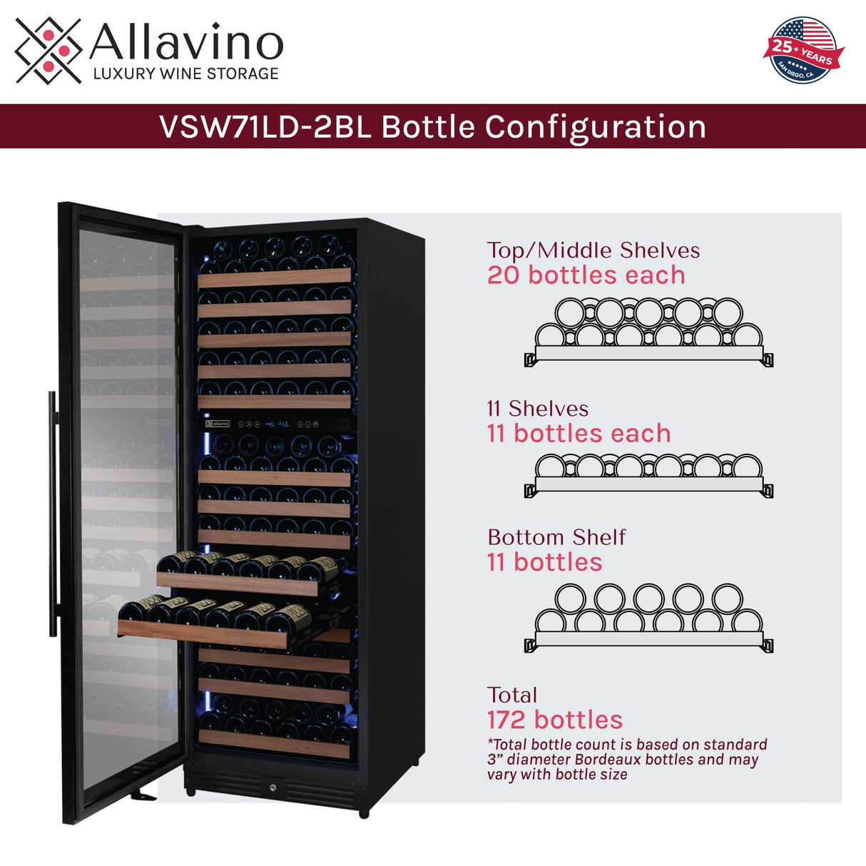 Allavino Reserva Series 172 Bottle Dual Zone Built-in Wine Refrigerator with Black Metal Door - Left Hinge