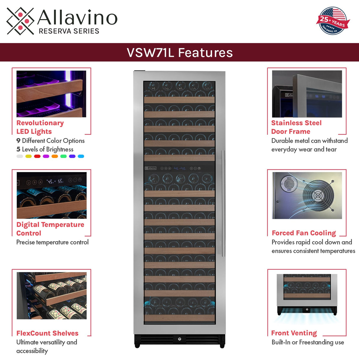 Allavino Reserva Series 172-Bottle Dual Zone Built-In Wine Refrigerator with Stainless Steel Door Left Hinge VSW71LD-2SL