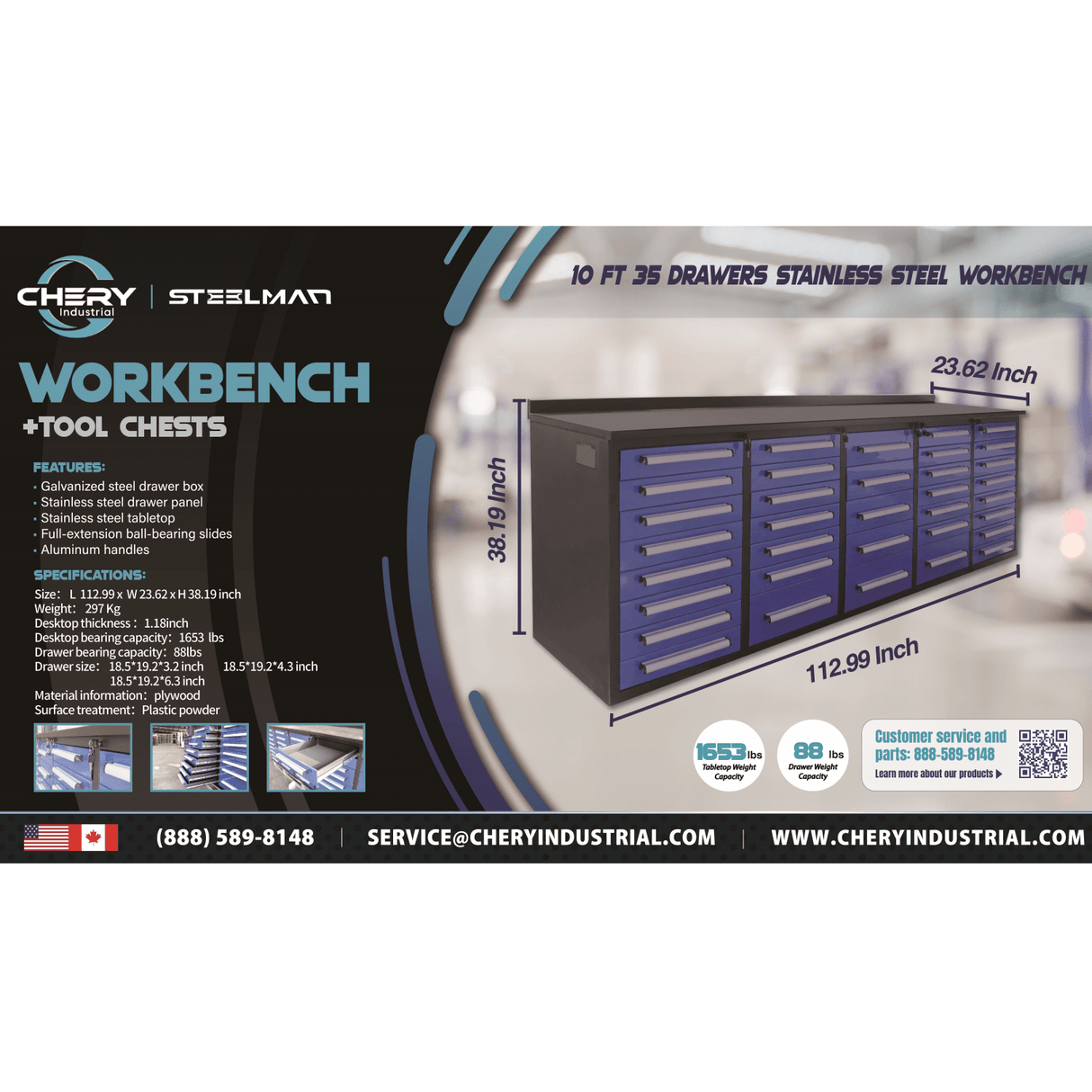 Chery Industrial 10’ Storage Cabinet with 35 Drawers Heavy‑Duty Tool Workbench