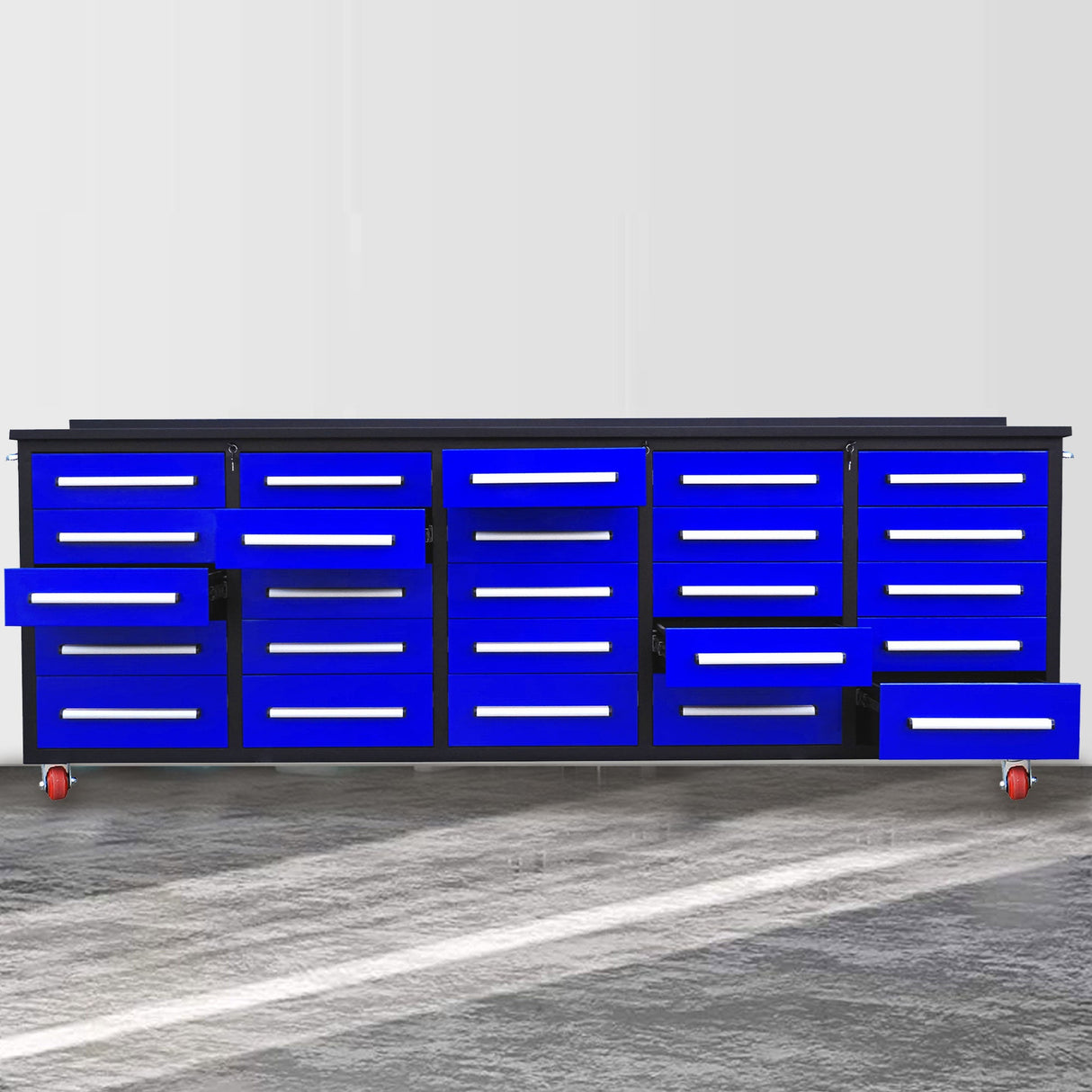 Chery Industrial 10ft 25-Drawer Storage Workbench with Wheels