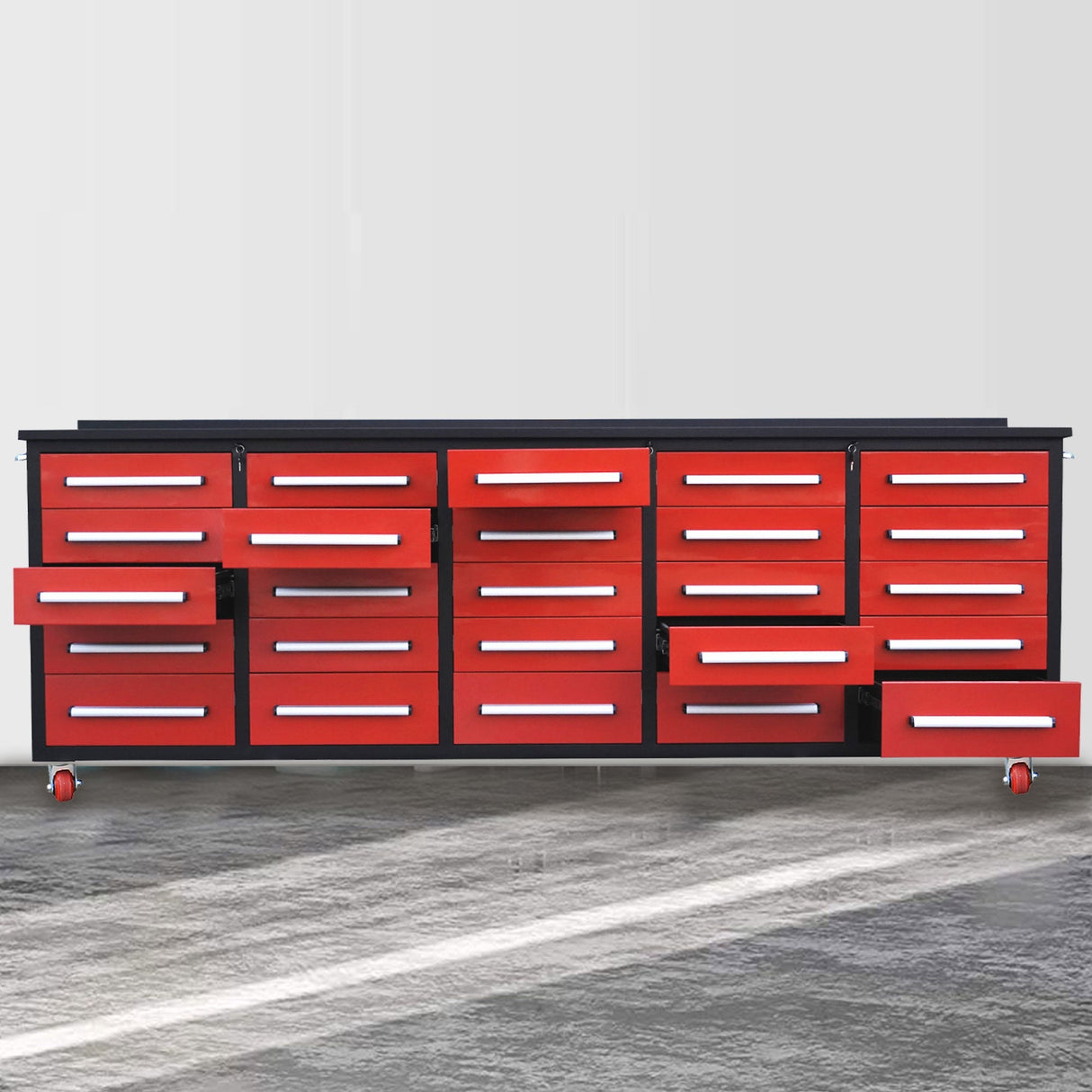 Chery Industrial 10’ Rolling Storage Workbench with 25 Drawers and Wheels
