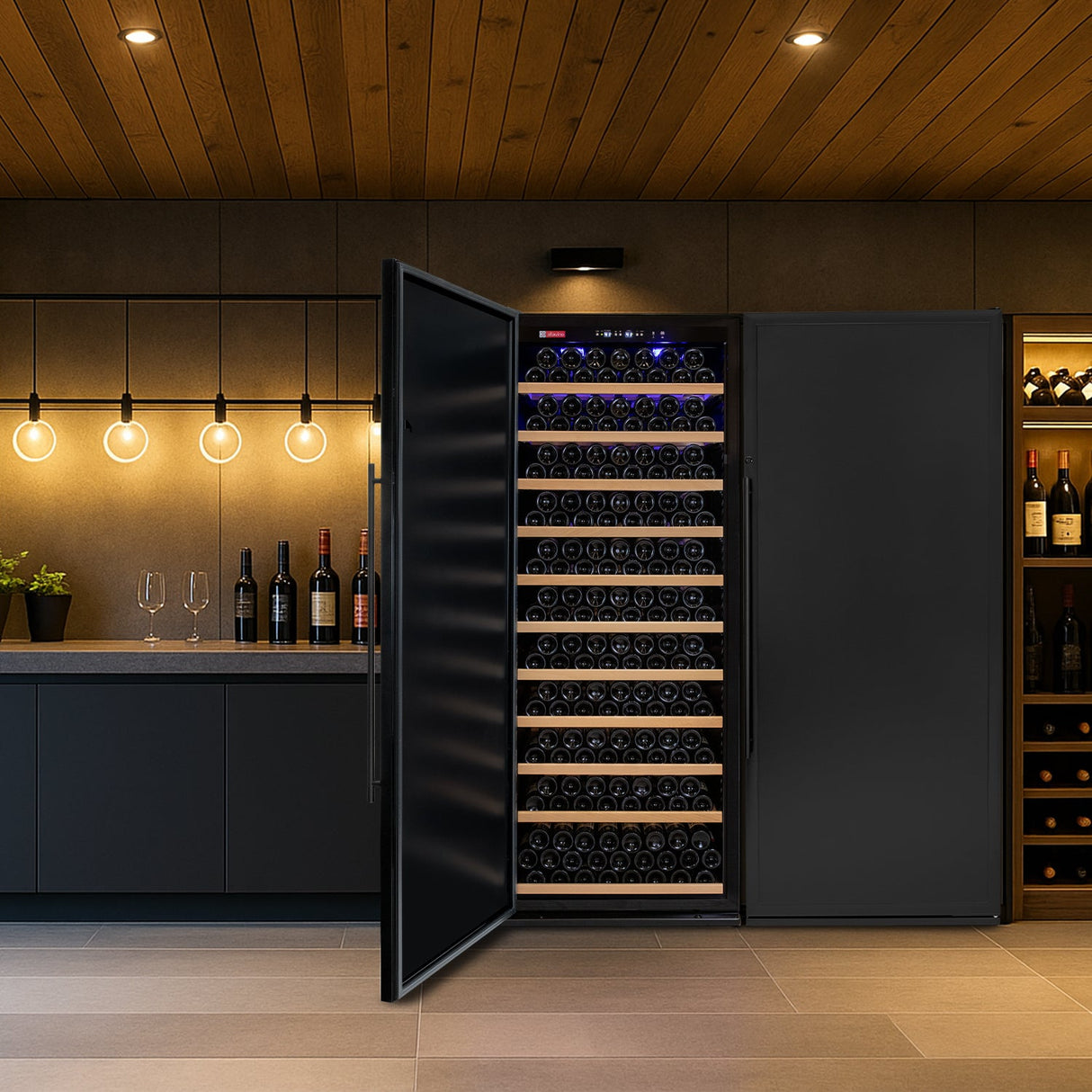 Allavino 63″ Wide Vite II Tru-Vino 610 Bottle Dual Zone Solid Black Door Side-by-Side Wine Refrigerator