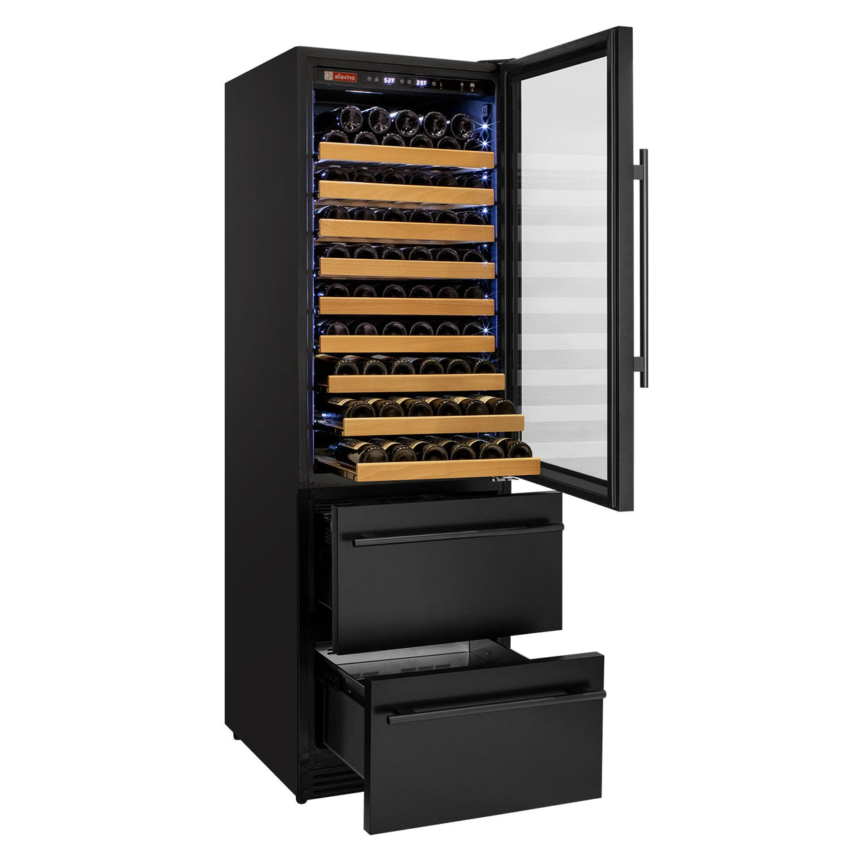 Allavino 76.5″ Tall Black Wine Refrigerator with Two Refrigerated Drawers Dual Zone Wine Cooler AO YHWR7724D-B