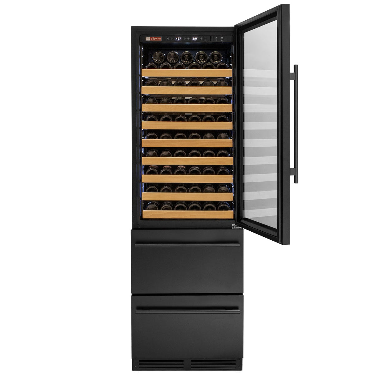 Allavino 76.5″ Tall Black Wine Refrigerator with Two Refrigerated Drawers Dual Zone Wine Cooler AO YHWR7724D-B