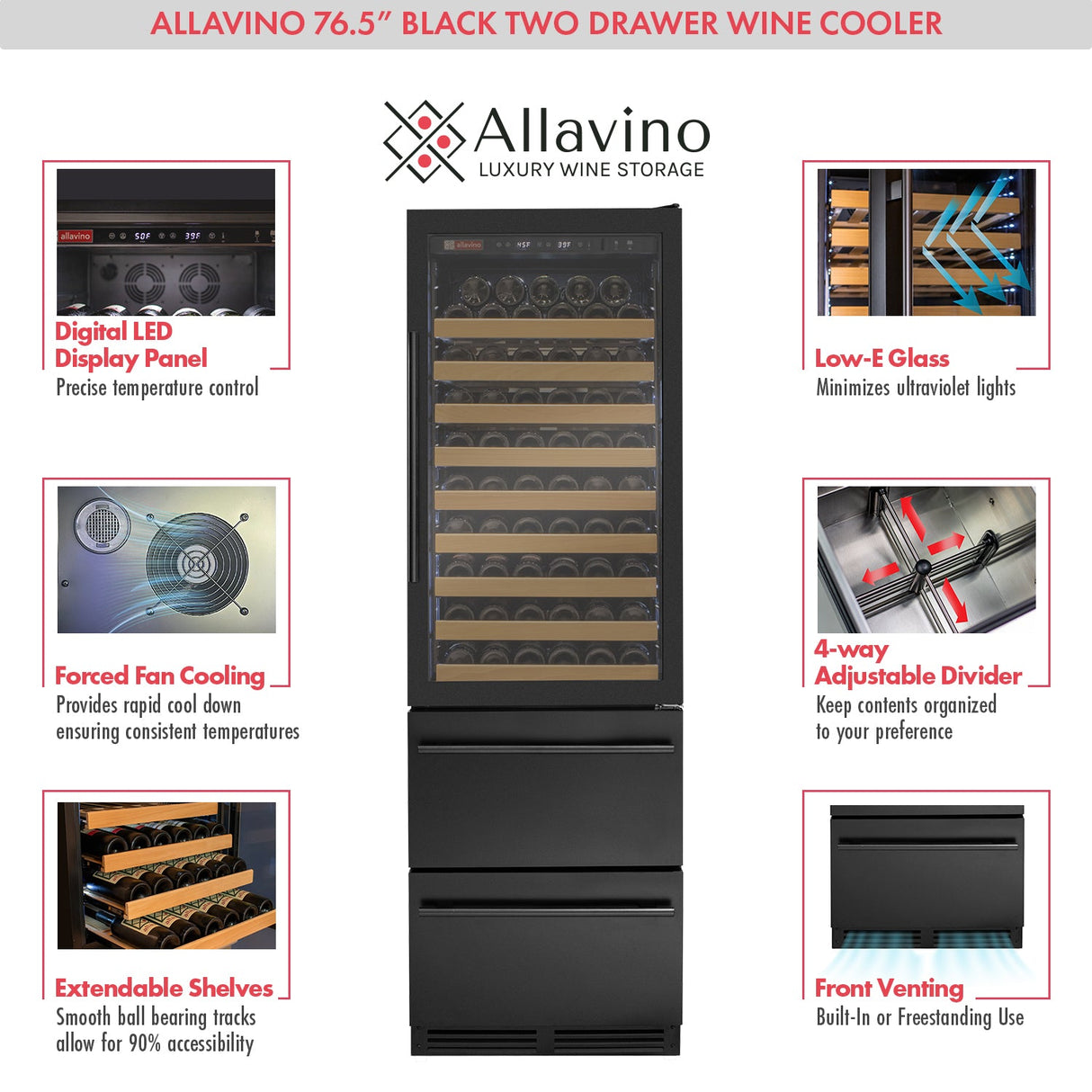 Allavino 76.5″ Tall Black Wine Refrigerator with Two Refrigerated Drawers Dual Zone Wine Cooler AO YHWR7724D-B