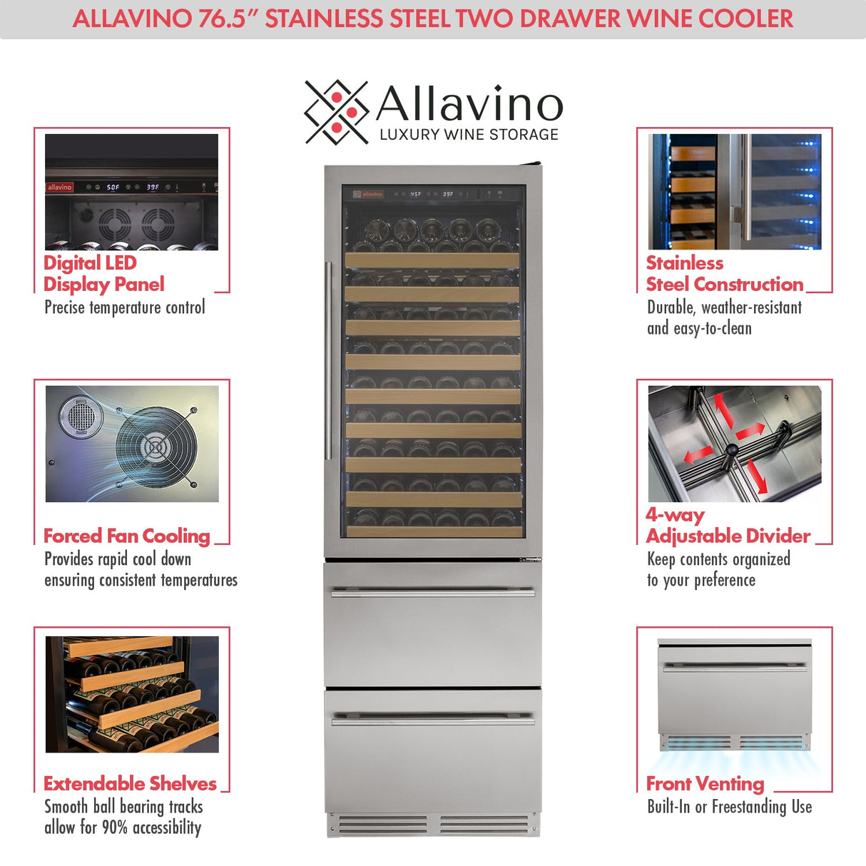Allavino 76.5" Tall Stainless Steel Wine Refrigerator with Two Refrigerated Drawers AO YHWR7724D-S
