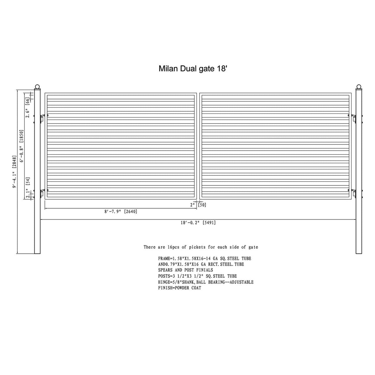 Chery Industrial 18'x6' Steel Dual Swing Driveway Gate - MILAN Style