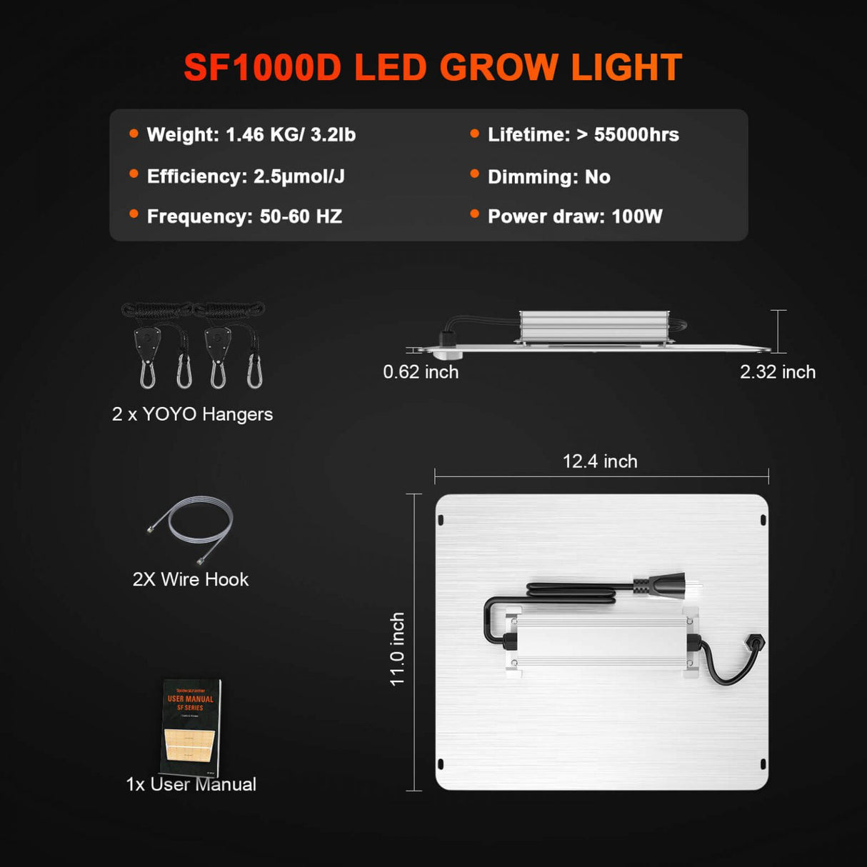 Spider Farmer SF1000D 100 Watt Full Spectrum LED Grow Light Samsung Diodes For 2×2′