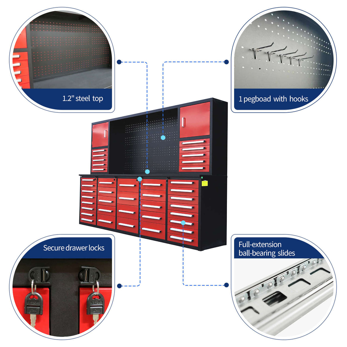 Chery Industrial 10ft Workbench Cabinet (40 Drawers, 2 Cabinets & 1 Pegboard)