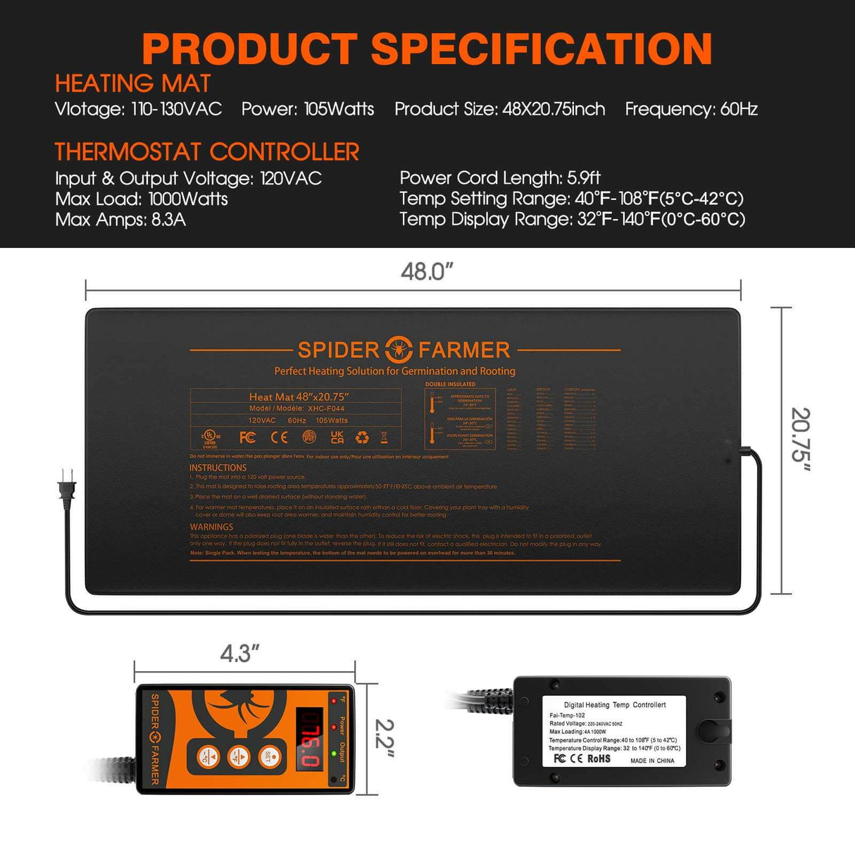 Spider Farmer Waterproof 48”X20.75” Seedling Heat Mat for Germination Indoor Gardening