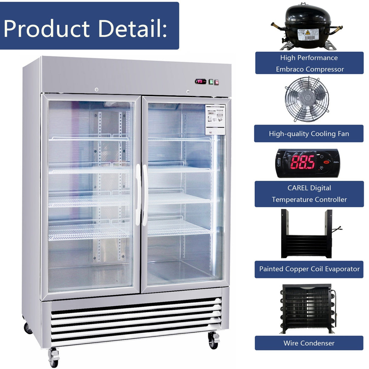 Chery Industrial 54"W Commercial Refrigerator 42 cu. ft. 2 Glass Door Reach In Refrigerator