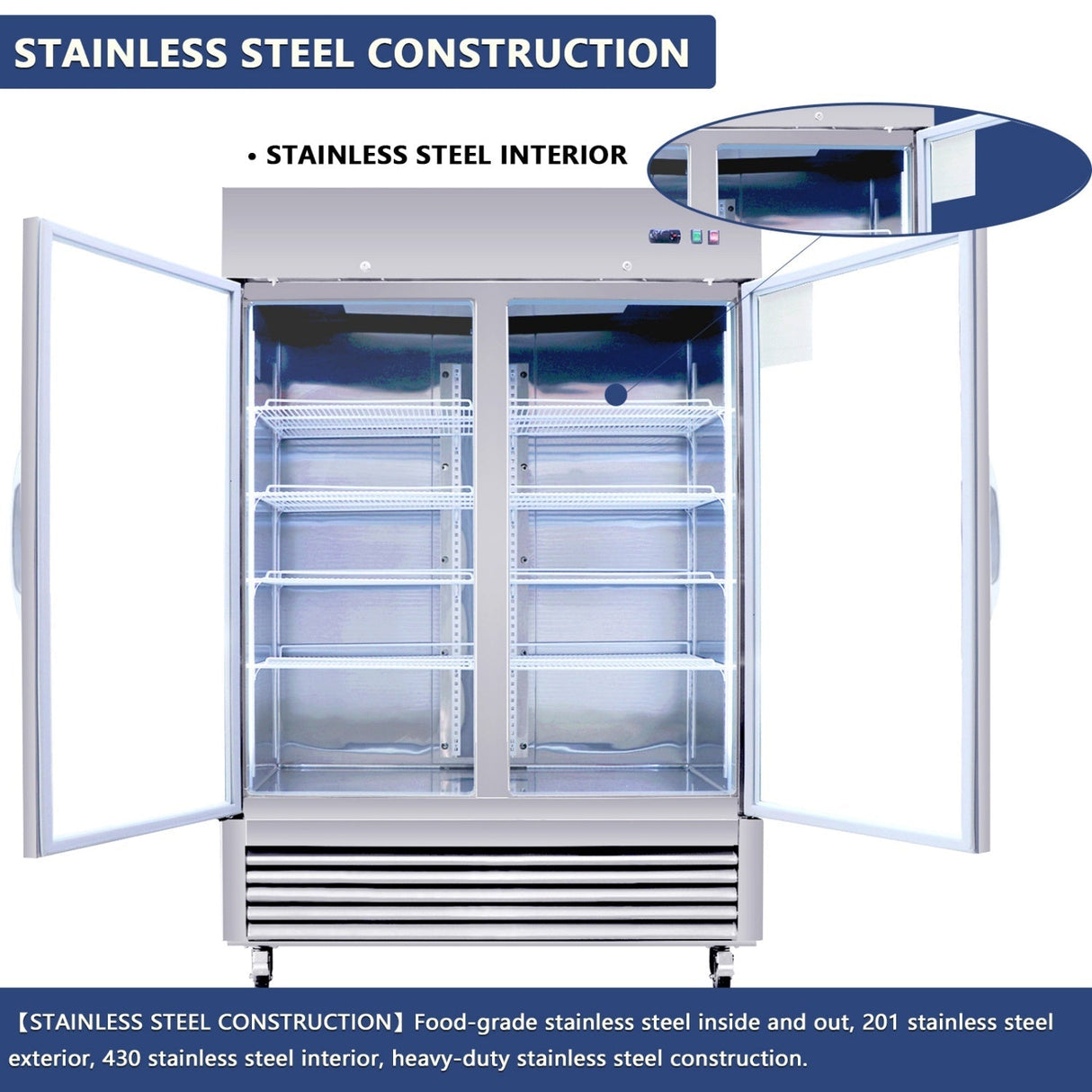 Chery Industrial 54"W Commercial Refrigerator 42 cu. ft. 2 Glass Door Reach In Refrigerator