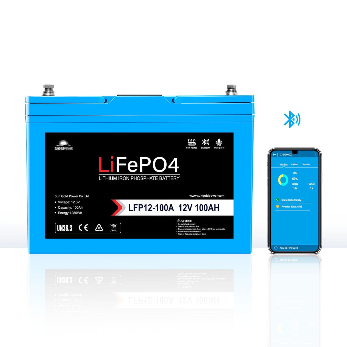 SunGoldPower 12V 100Ah LiFePO₄ Deep Cycle Lithium Battery Bluetooth Self-Heating IP65