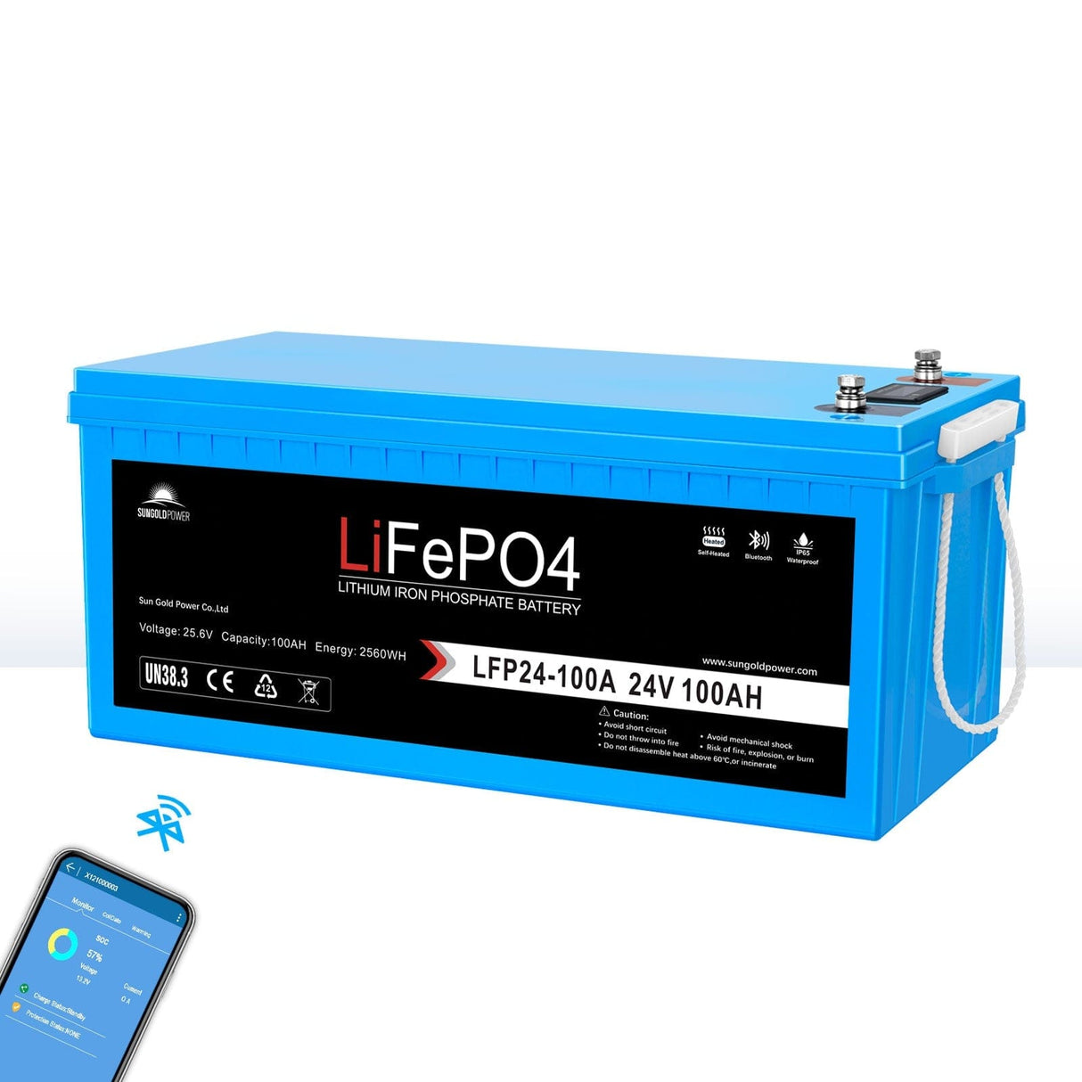 SunGoldPower 24V 100Ah LiFePO4 Deep Cycle Lithium Battery Bluetooth Self-Heating IP65