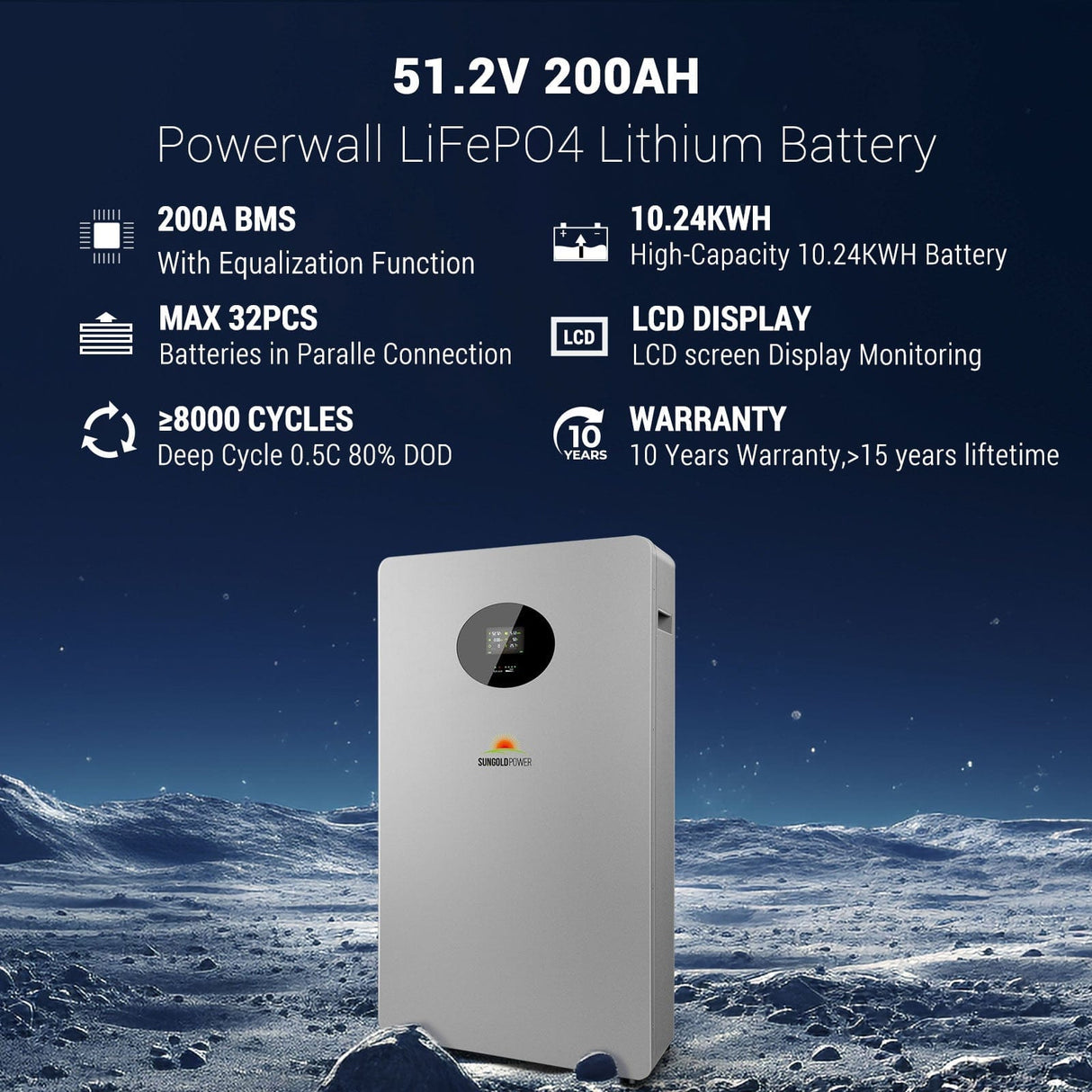 SunGoldPower Powerwall X 51.2V 200Ah LiFePO4 Battery SG48200T – 10.24 kWh Energy Storage System