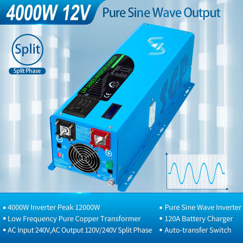 SunGoldPower 4000W Peak (12000W) DC 12V Split Phase Pure Sine Wave Inverter With Charger