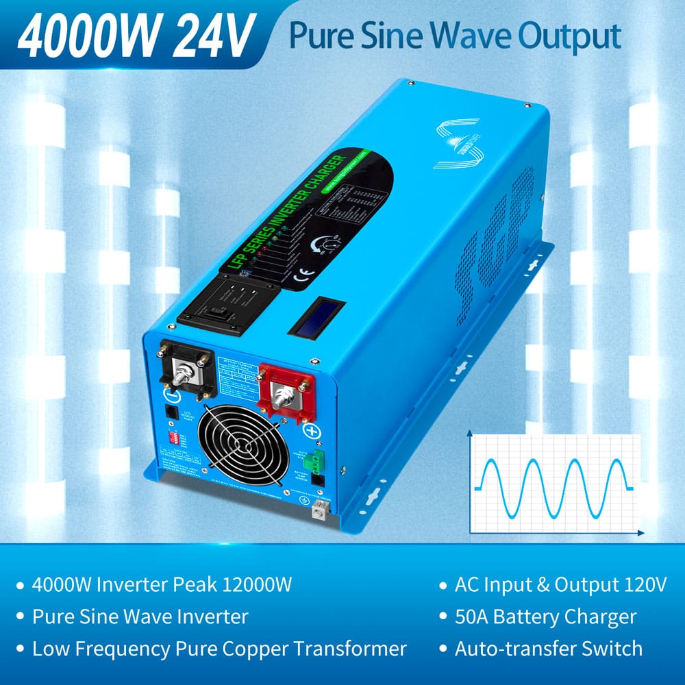 SunGoldPower 4000W Peak (12000W) DC 24V Pure Sine Wave Inverter With Charger