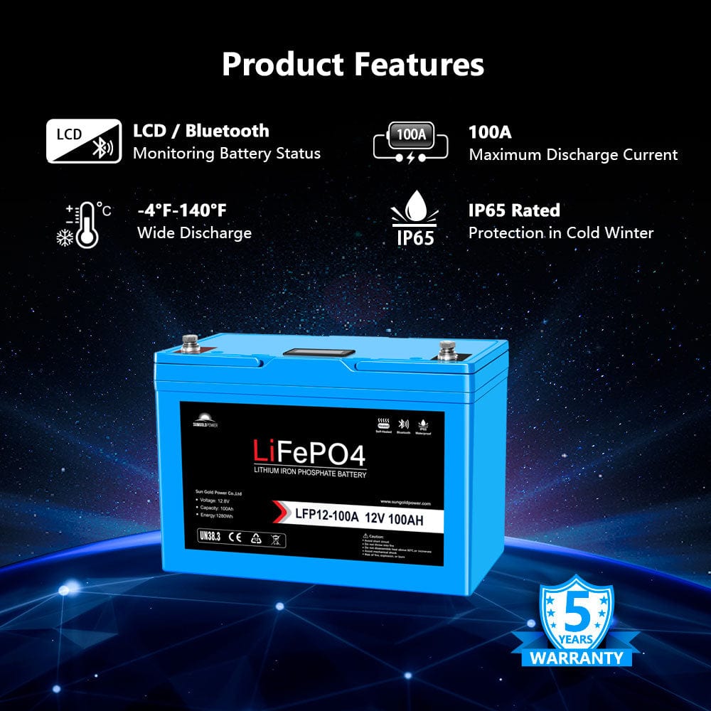 SunGoldPower 12V 100Ah LiFePO₄ Deep Cycle Lithium Battery Bluetooth Self-Heating IP65