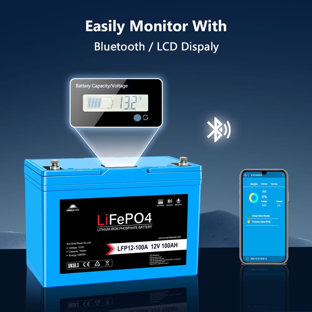 SunGoldPower 12V 100Ah LiFePO₄ Deep Cycle Lithium Battery Bluetooth Self-Heating IP65