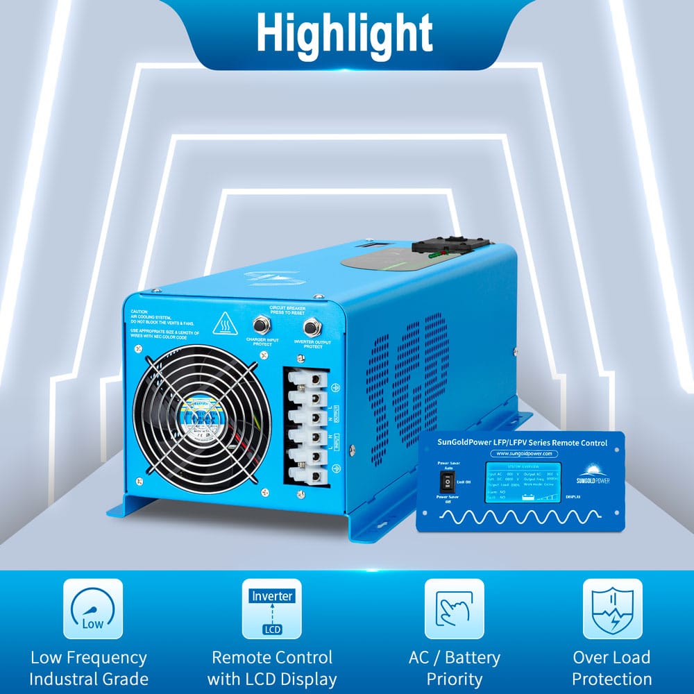 SunGoldPower 4000W Peak (12000W) DC 12V Pure Sine Wave Inverter With Charger
