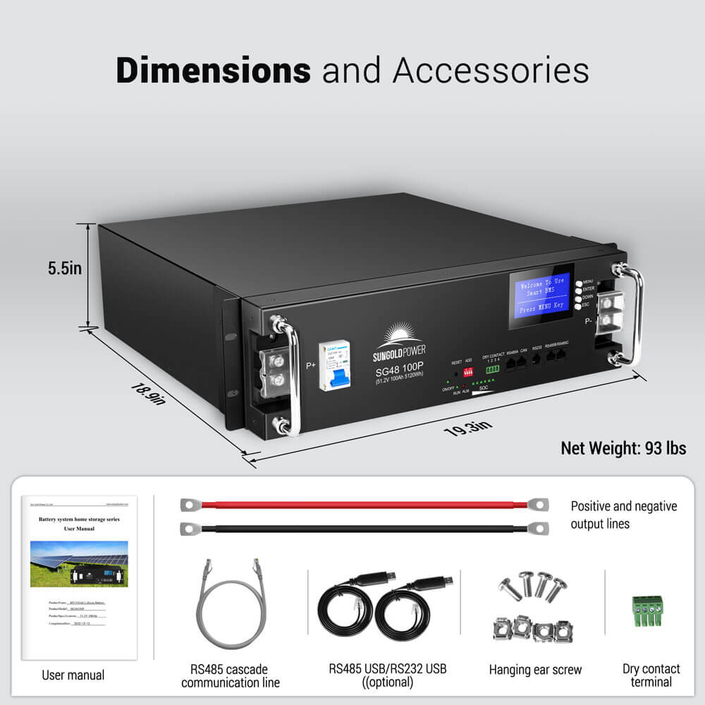 SunGoldPower 48V 100Ah Server Rack LiFePO₄ Lithium Battery SG48100P