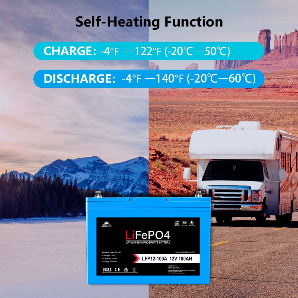 SunGoldPower 12V 100Ah LiFePO₄ Deep Cycle Lithium Battery Bluetooth Self-Heating IP65