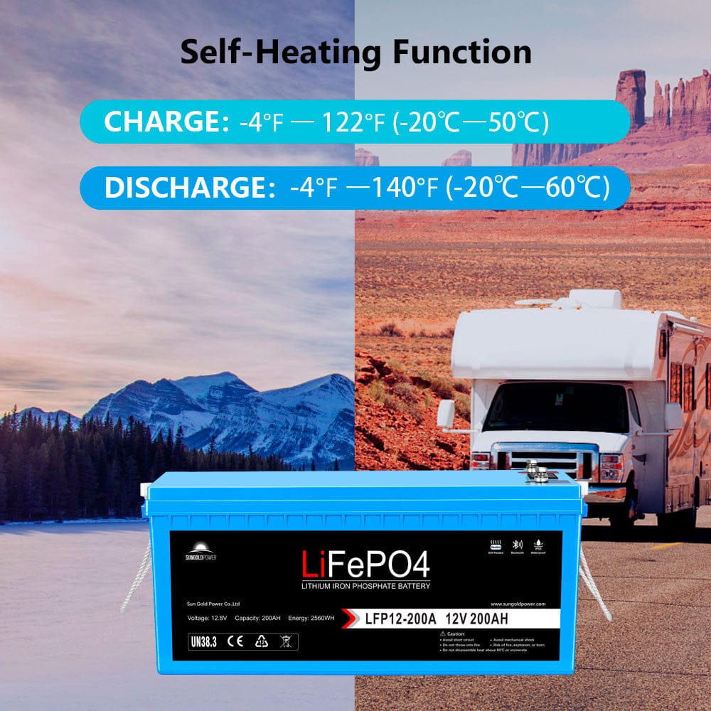 SunGoldPower 12V 200Ah LiFePo4 Deep Cycle Lithium Battery Bluetooth / Self-Heating / IP65
