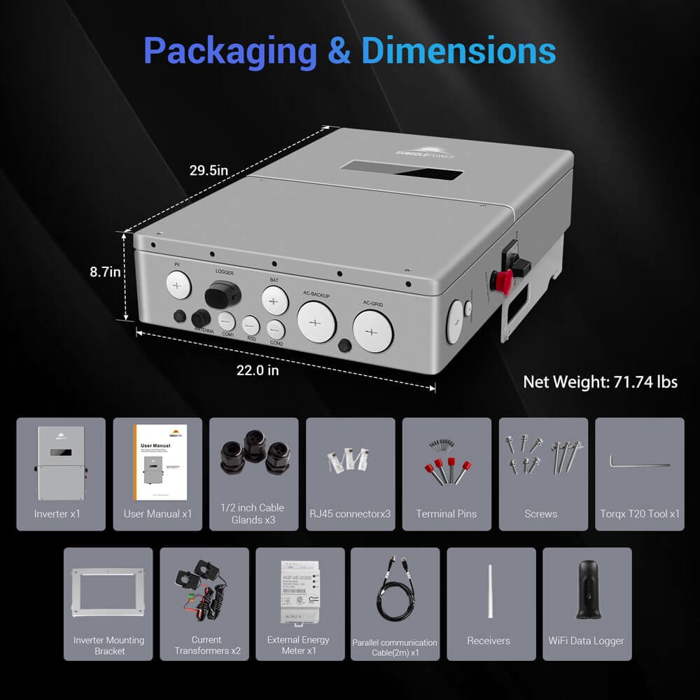 SunGoldPower High Voltage 11.4 kW Hybrid Split Phase Inverter With APS Transmitter SG11.4KHB-HV