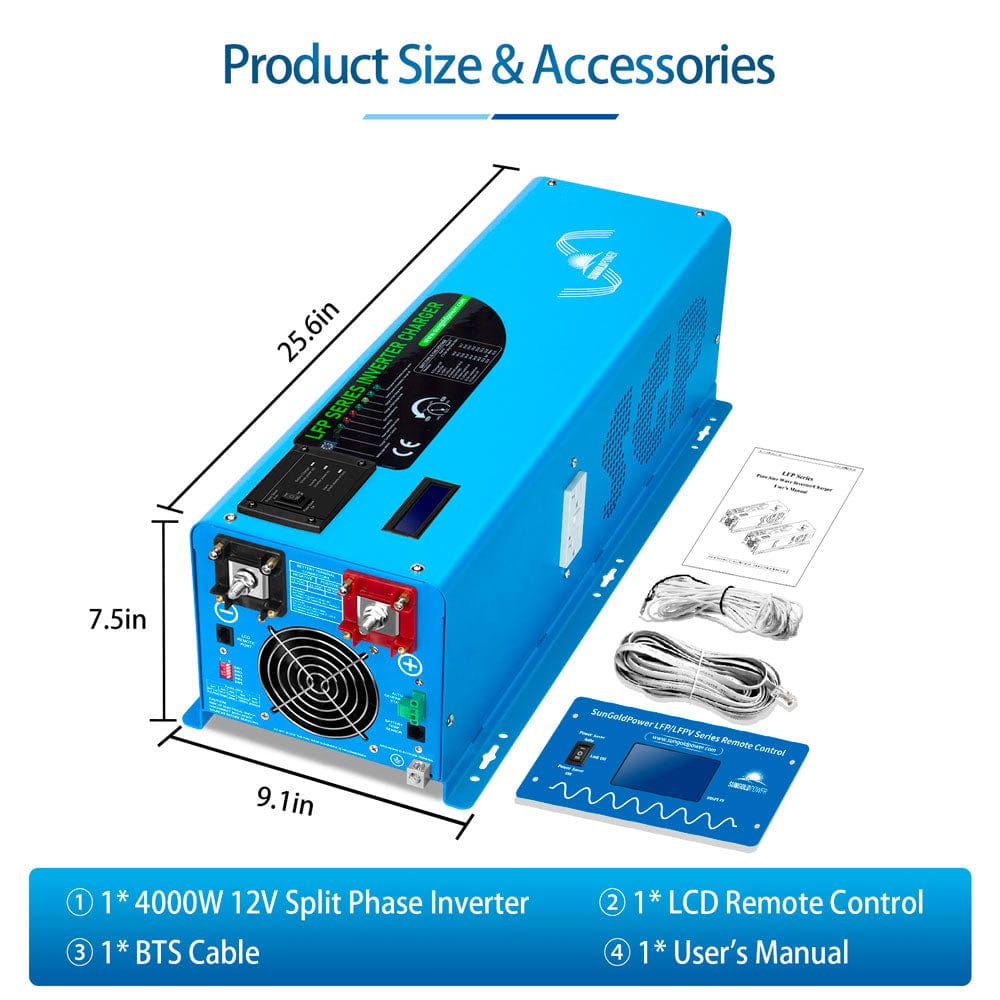 SunGoldPower 4000W Peak (12000W) DC 12V Split Phase Pure Sine Wave Inverter With Charger