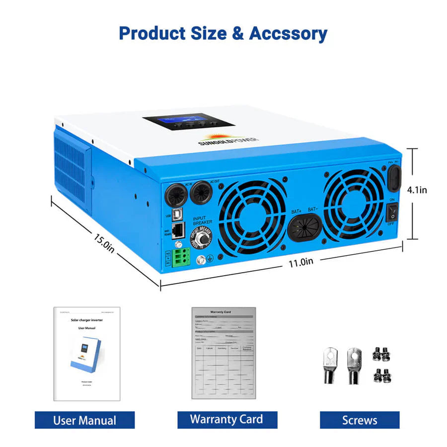 SunGoldPower 3000W 24V Solar Inverter Charger – Pure Sine Wave Inverter with MPPT Solar & AC Charger
