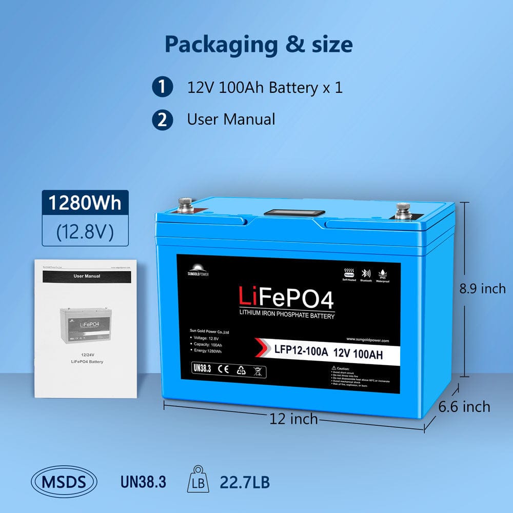 SunGoldPower 12V 100Ah LiFePO₄ Deep Cycle Lithium Battery Bluetooth Self-Heating IP65