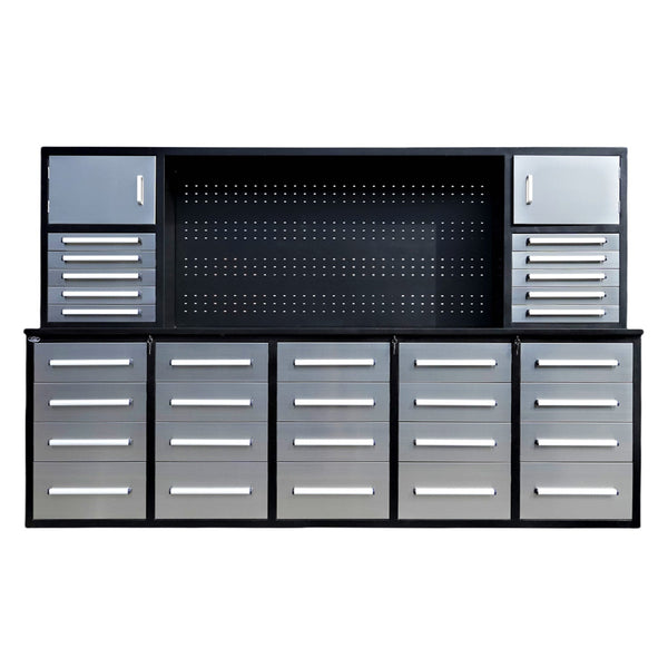 Chery Industrial 10ft Workbench Cabinet (30 Drawers, 2 Cabinets & 1 Pegboard)