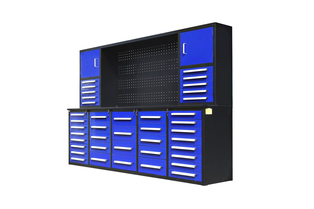 Chery Industrial Steelman 10’ Workbench Cabinet with 40 Drawers, 2 Cabinets & Pegboard Heavy‑Duty Tool Storage WW000217